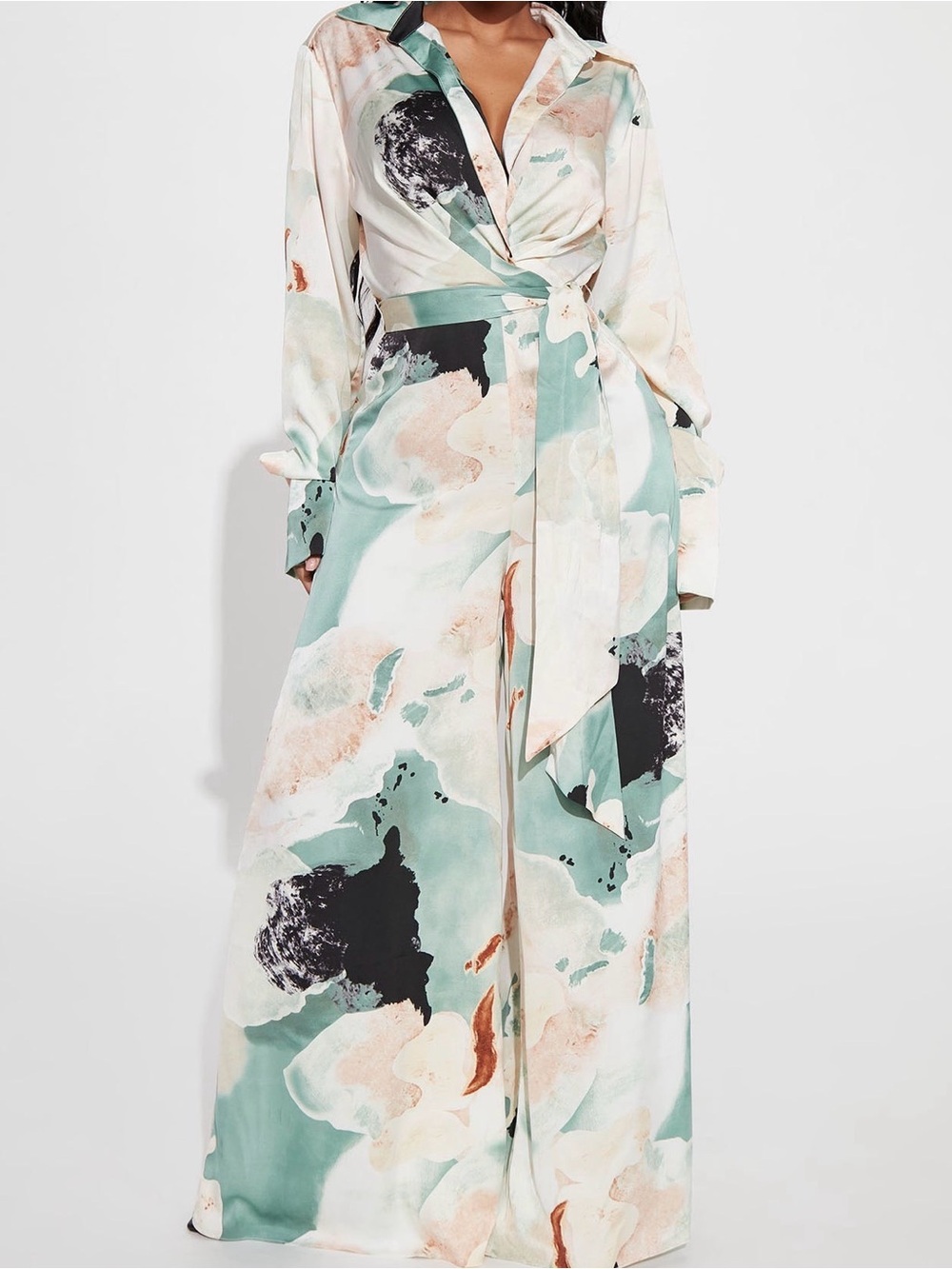 Satin Jumpsuit in Mint & Cream